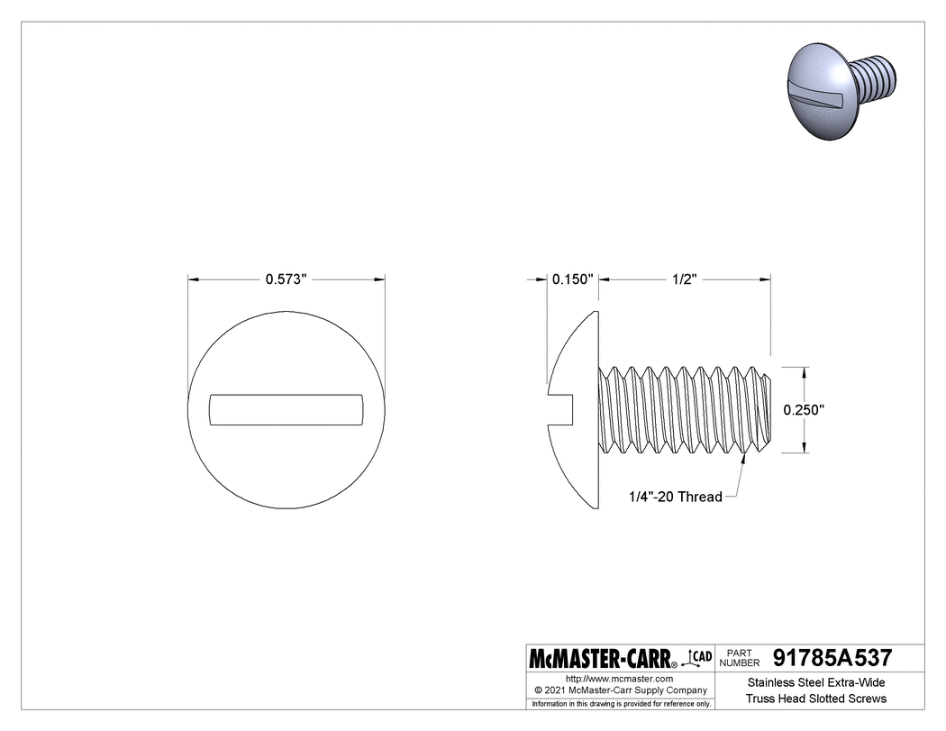 Technical Drawing of Stainless Steel Extra-Wide Truss Head Slotted Screws, 1/4"-20 Thread Size, 1/2" Long.